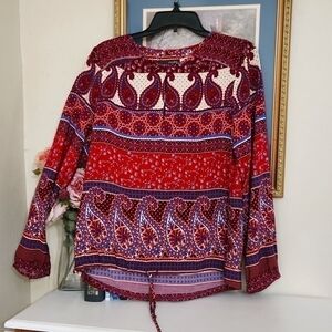 Crosby Boho Paisley Tie Gathered Waist Long Sleeve Blouse Women's M Fall